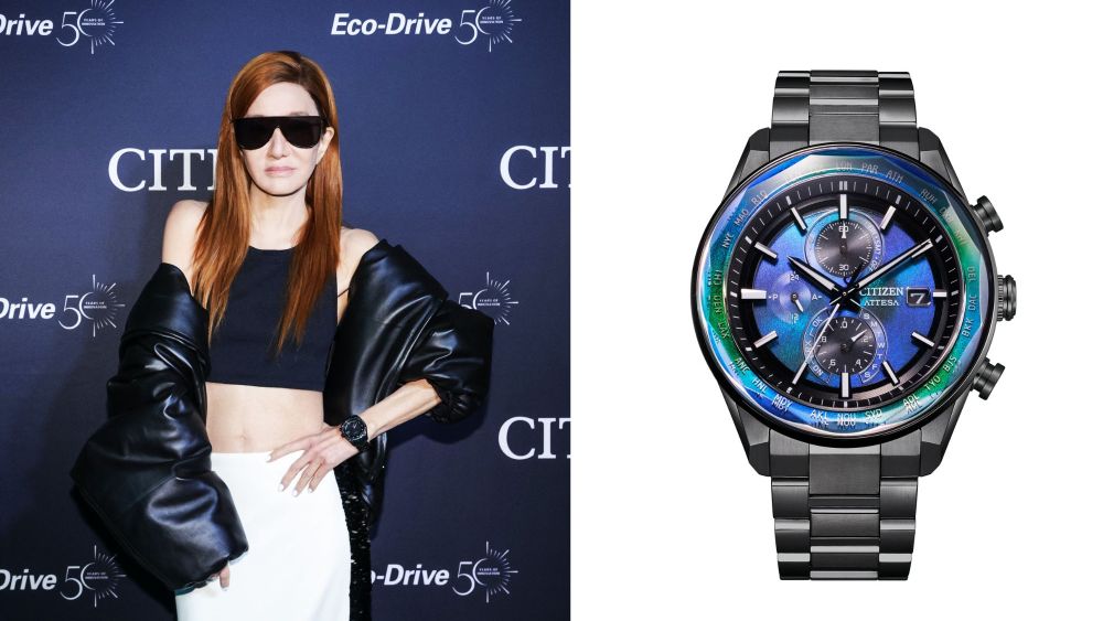 vera wang posing at citizen's eco-drive event; citizen attesa watch over a white background; vera wang x citizen collection 2027