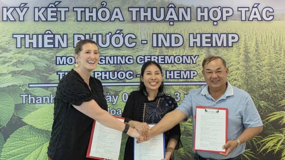 ND HEMP CEO Morgan Tweet, Thien Phuoc Owner Ms Thuy, and Summit International Trade Owner Mr Thanh celebrate the signing of an MOU (memorandum of understanding) outlining a farm to fashion hemp fiber textile supply chain collaboration with U.S. grown hemp fiber supplying Vietnamese textile industry.