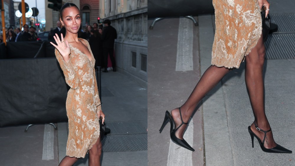 On Tuesday night, Zoe Saldaña made an appearance at the opening of RH Milan, The Gallery on Corso Venezia in Saint Laurent's Manon slingback pumps.