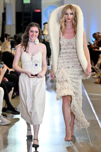 Designer Rachel Marino and a model walk the runway during the FIT's 2026 Future of Fashion runway show on May 07, 2026 in New York City.