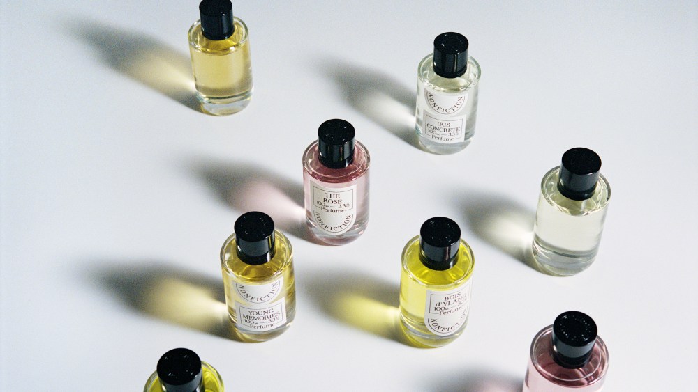 Nonfiction perfumes grouped in a shot against white.