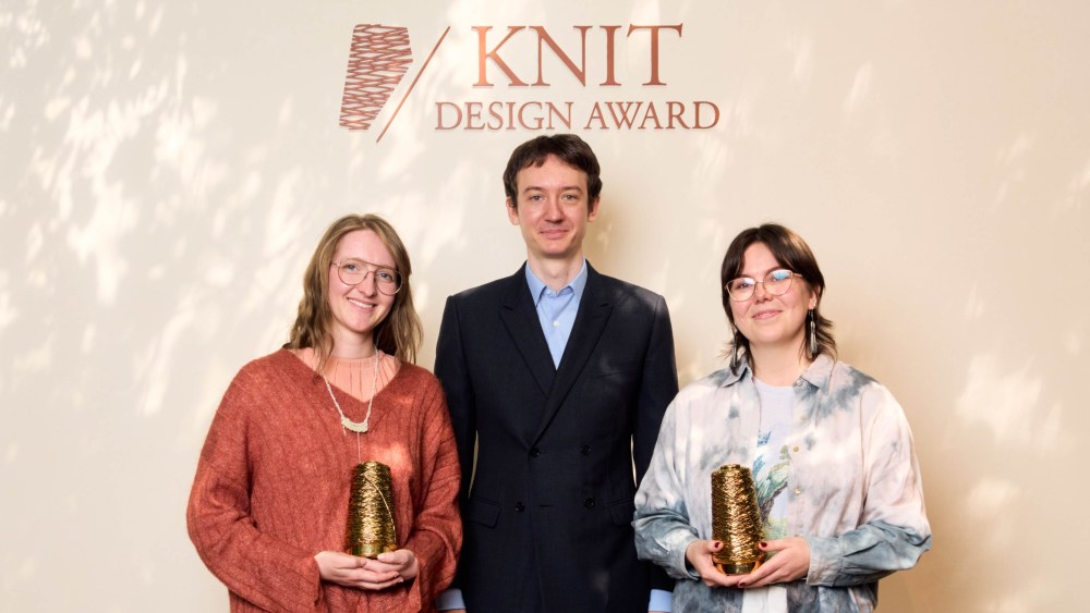 Viola Schmidt and Halla Lilja Ármannsdóttir, the winners of the Loro Piana 2026 Knit Design Award together with Loro Piana CEO Frédéric Arnault