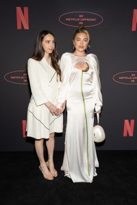 Zoe Kazan and Florence Pugh at the Netflix 2026 Upfront Red Carpet held at Sunset Pier 94 Studios on May 13, 2026 in New York, New York.