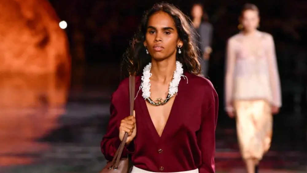 model in midi skirt and cardigan on Chanel Spring 2026 runway