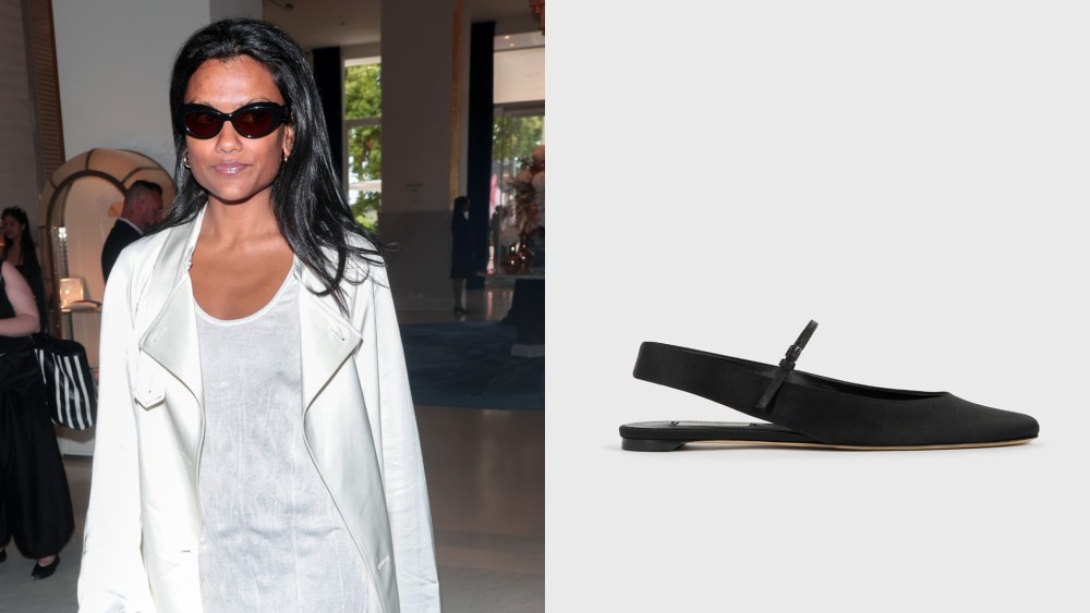 Left: Simone Ashley in Cannes on Wednesday. Right: Toteme black slingback satin Mary Jane.