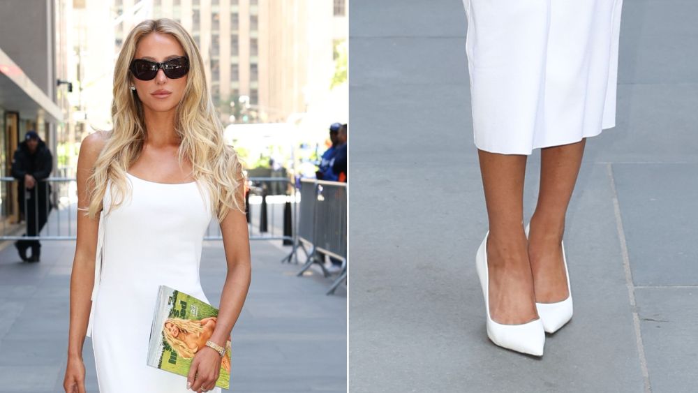 Alix Earle in a pair of crispy white pumps as she picks up her cover of Sports Illustrated Swimsuit Edition 2026 in New York City on Tuesday.