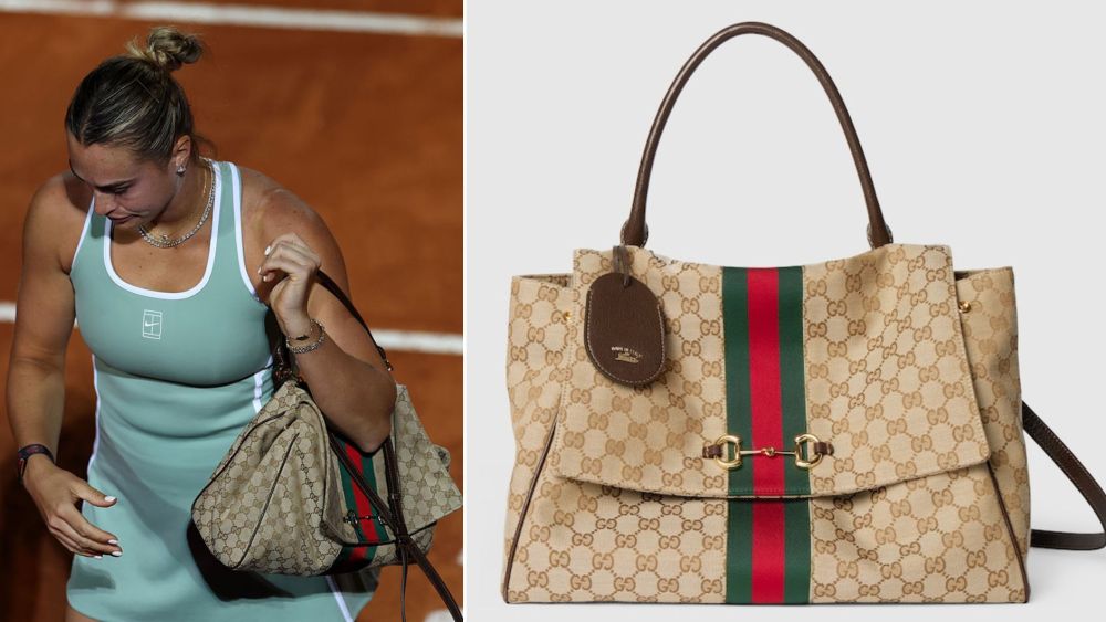 Aryna Sabalenka carrying Gucci's new $3,650 GG canvas Paparazzo Top Handle Bag onto the Foro Italico court during the women's singles match of the WTA Rome Open tennis tournament on Thursday.