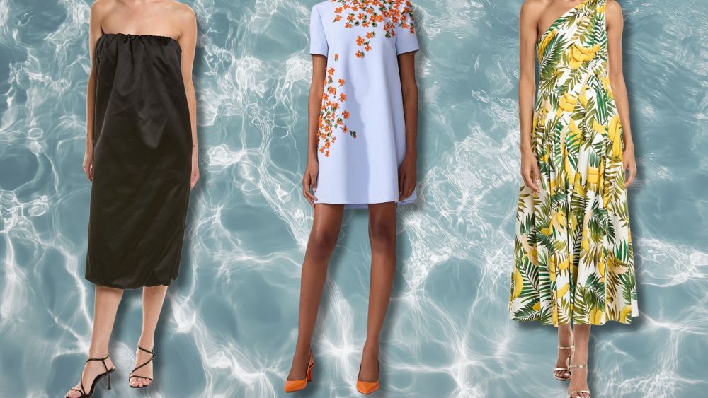 three wedding guest dress styles from brands like carolina herrera and khaite over a background of a pool's surface; shop best wedding guest dresses at rue la la