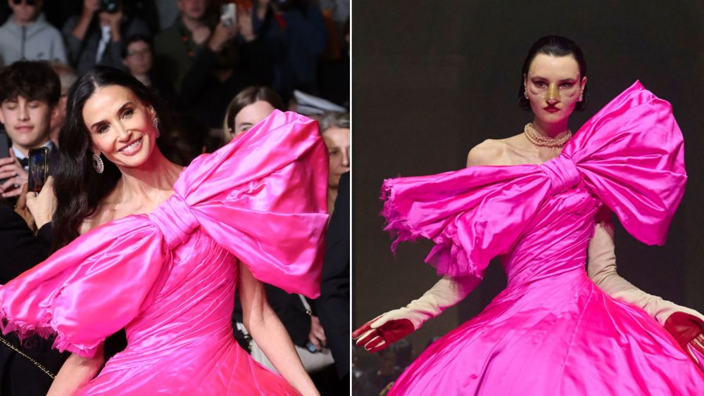 Demi Moore in a hot pink Matières Fécales dress from the house's fall 2026 ready-to-wear collection; the look on the runway.