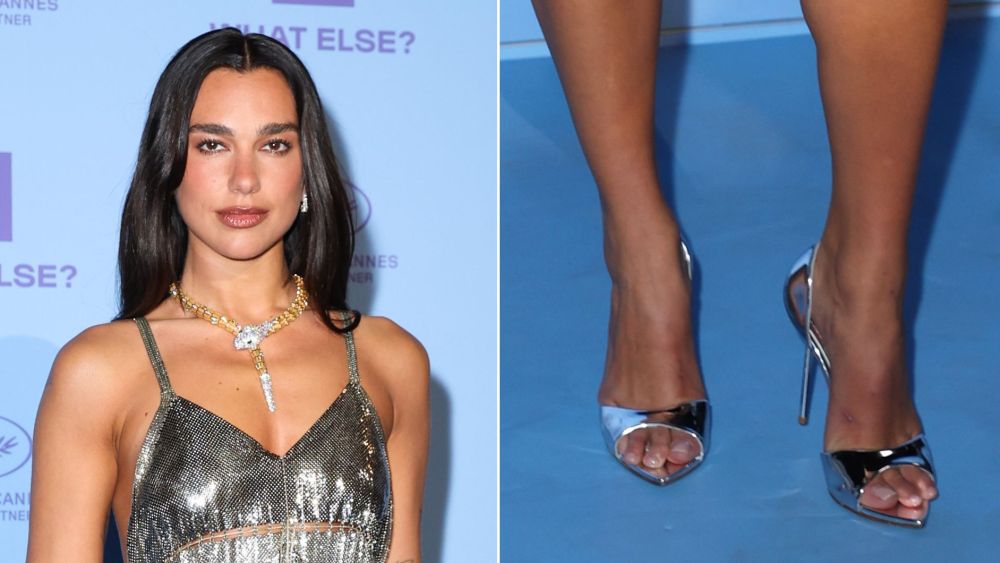 Dua Lipa wearing silver Le Silla Shirley Sandal with an archival Jean Paul Gaultier spring 2009 dress at her photocall with Nespresso in Cannes on Friday night.