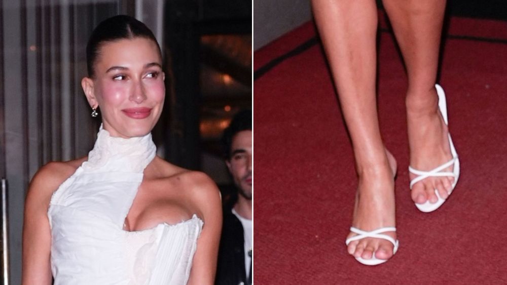 Hailey Bieber in a custom pair of Paris Texas Lidia Mules as she leaves her hotel for a Met Gala after party Monday night.