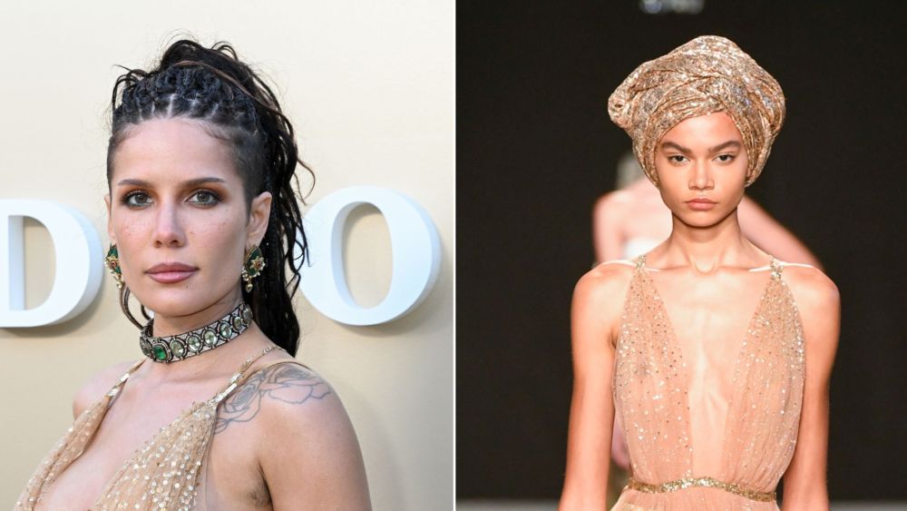 Halsey wearing look 30 from Rahul Mishra's spring 2024 couture collection; the sheer, embroidered look modeled on the runway.