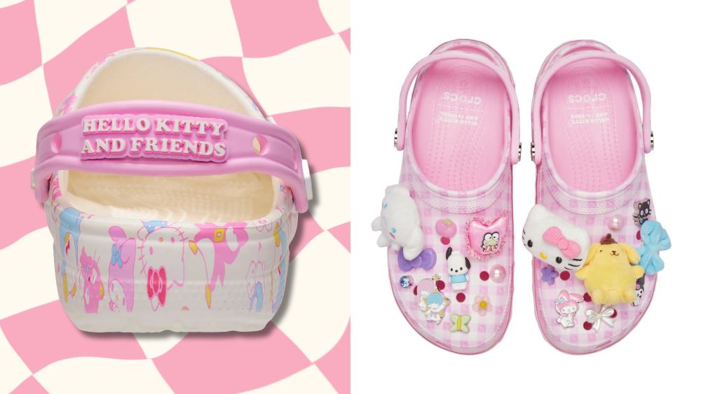 front and back of hello kitty x crocs clog release for spring 2026; shop hello kitty crocs online
