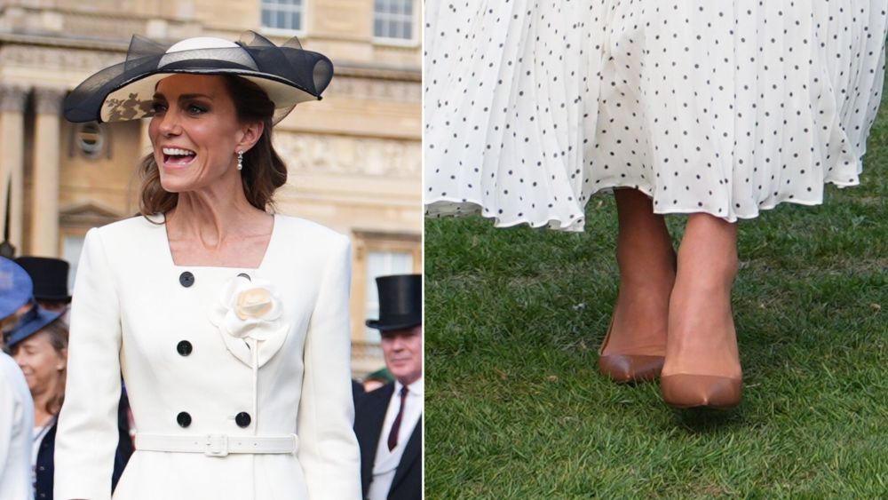 Kate Middleton wearing Ralph Lauren Collection Celia Pumps in RL Gold during a Garden Party at Buckingham Palace on Friday. The calfskin style has become a go-to shoe for the Princess of Wales.