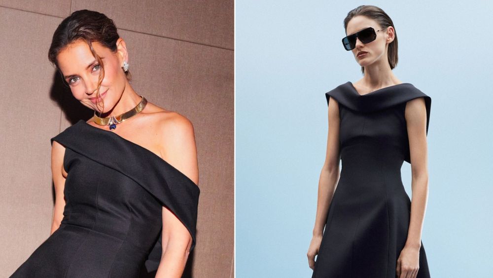 Katie Holmes wearing Adam Lippes Sitara from the fall 2026 collection to a Bulgari event in New York City on Monday; a model wearing the look.