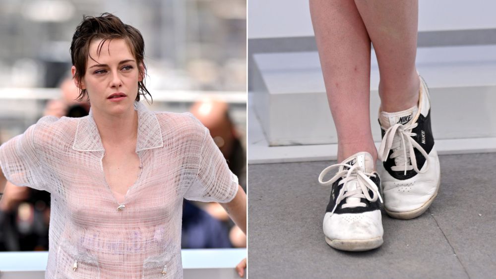 Kristen Stewart in Chanel couture and a pair of vintage black-and-white Nike sneakers at the photocall for "Full Phil" at Cannes on Saturday.