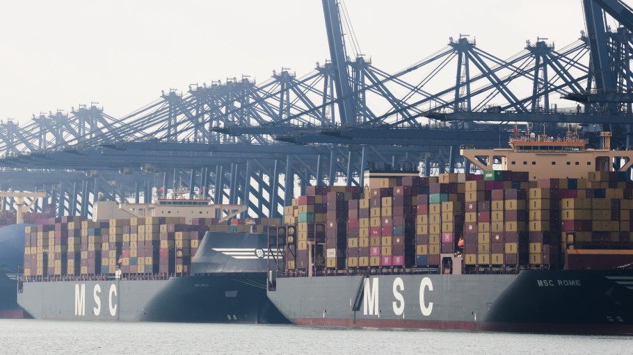 SHENZHEN, CHINA - MAY 3: Container ships operated by Mediterranean Shipping Company (MSC), including MSC Rome, are berthed at Yantian Port beneath gantry cranes on May 3, 2026, in Shenzhen, Guangdong Province, China. Yantian Port is one of China’s busiest deep-water ports and a key hub for international container shipping, handling large volumes of cargo linking China with global markets. (Photo by Cheng Xin/Getty Images)