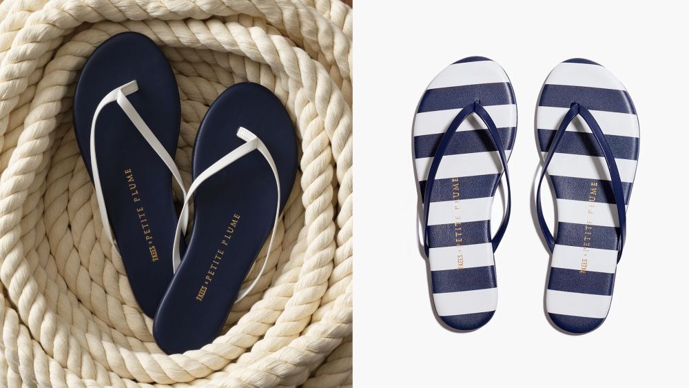 petite plume x tkees flip-flops for summer 2026 in a nautical stripe and dark navy colorway, shown on a white background or over rope; buy petite plume x tkees online