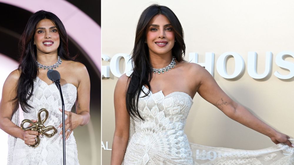 Priyanka Chopra in custom Amit Aggarwal sari-inspired dress, which was co-created with stylist Ami Patel for the fifth annual Golden Gala on Saturday night. The dress brought chikankari into a couture frame.