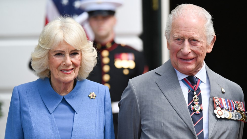 Queen Camilla wears a Tiffany & Co. vintage gold brooch in Washington D.C. for the final day of her U.S. visit with King Charles III.