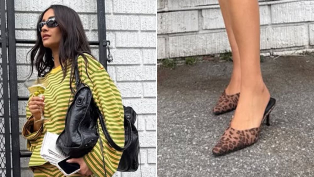 Shay Mitchell in a pair of JustFab Alana leopard print mules paired with a striped summer set.