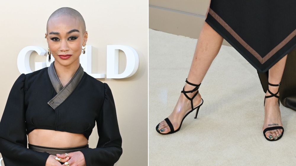 Tati Gabrielle wearing a pair of ankle wrap stiletto sandals with an oil slick pedicure at the Gold Gala on Saturday night.