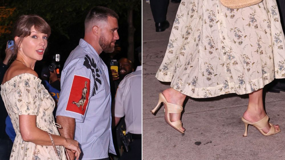 Taylor Swift in a beige pair of Aquazzura's Twist 95 Sandals during a date night with fiancé Travis Kelce in New York City on Friday night.