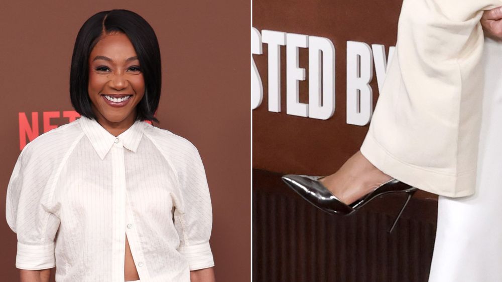 Tiffany Haddish and a closeup of her dark silver gunmetal pumps with a deep-V vamp at the Netflix Kevin Hart Roast on Sunday in Los Angeles.