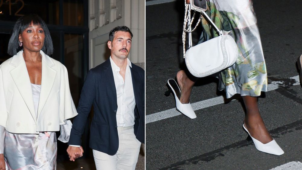 Venus Williams wearing crisp white mules alongside her husband  Andrea Preti at Jeff Bezos and Lauren Sánchez Bezos’ pre-Gala party in New York City on Saturday night.