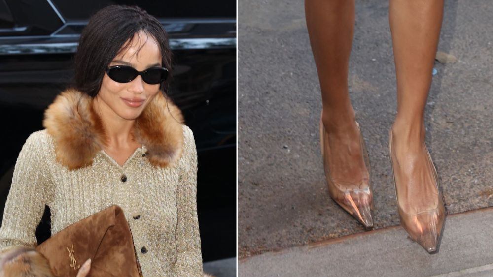 Zoë Kravitz wearing Saint Laurent clear PVC slingbacks with python print detail at the toe while heading to Anna Wintour's pre-Met Gala Dinner in New York City on Sunday.